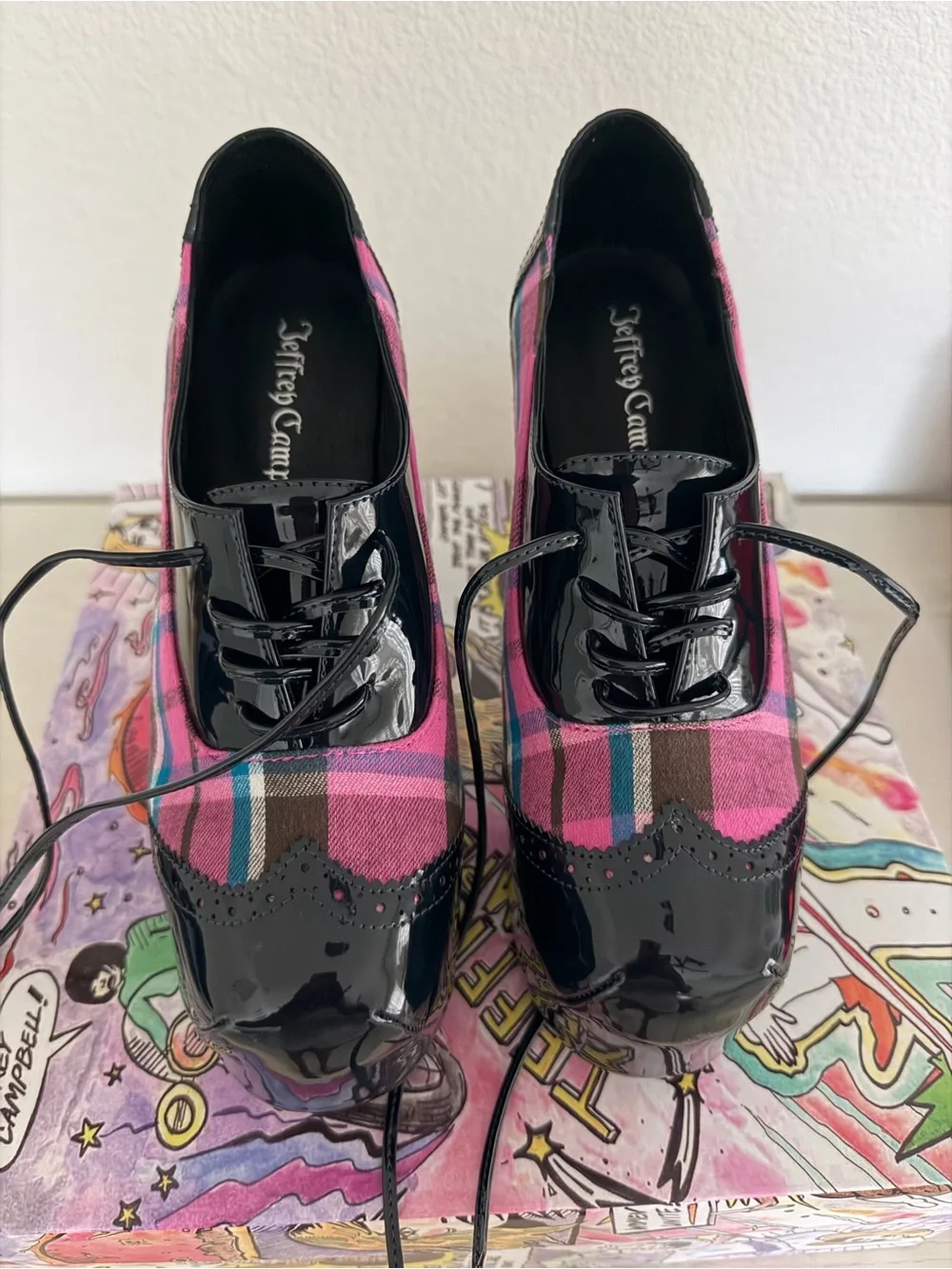 Women's Pink Plaid Platform Lace-Up Heels